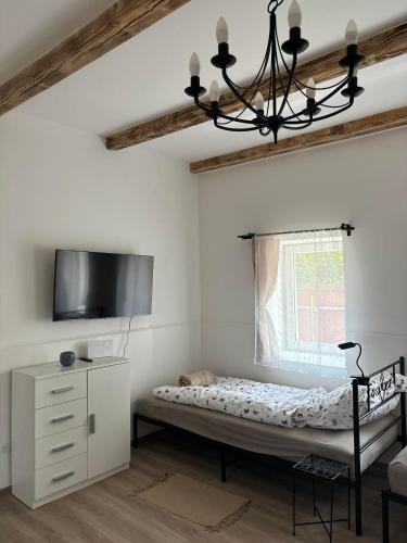 a bedroom with a bed and a tv and a chandelier at Relax Vendégház Tisza-tó in Poroszló