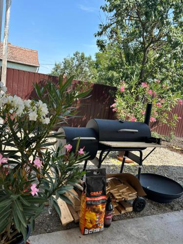 a barbecue grill sitting in a yard next to flowers at Relax Vendégház Tisza-tó in Poroszló