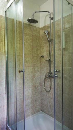 a shower with a glass enclosure in a bathroom at Visovac Rooms in Skradin
