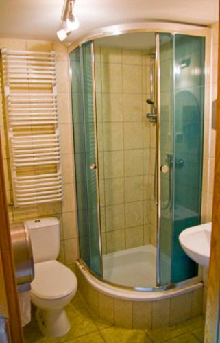 a bathroom with a shower and a toilet and a sink at Good Bye Lenin Hostel Zakopane in Zakopane