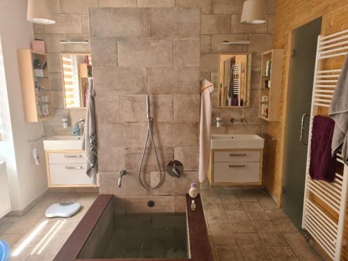 a bathroom with a tub and a shower and a sink at Chata Eda in Karlovy Vary