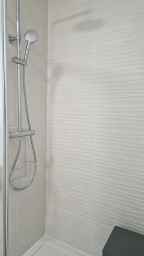 a shower with a glass door in a bathroom at Archipel Coté Jardin in Valras-Plage