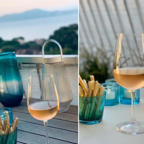 deux photos d'un verre de vin et d'un bol de frites dans l'établissement Superbe T3 Avec Vues Mer, à Hyères