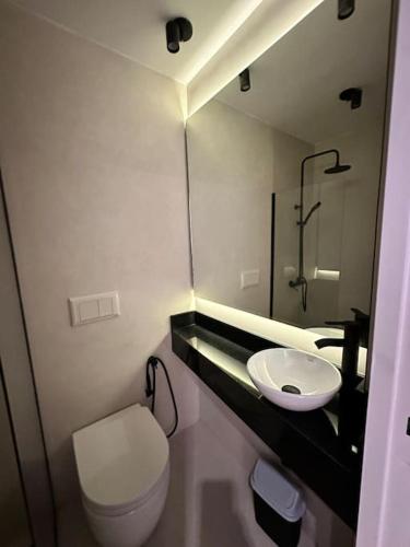 a bathroom with a toilet and a sink at Downtown Suite Self Check In in Buenos Aires