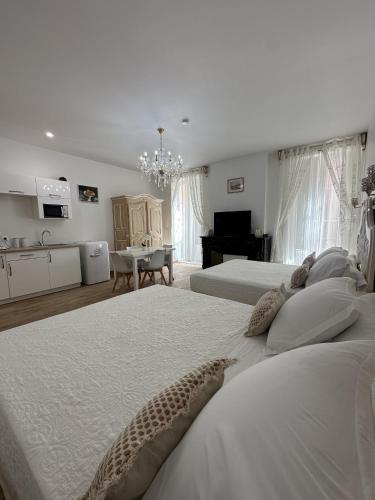 Il comprend une grande chambre avec deux lits et une cuisine. dans l'établissement Studio familial du Cloitre, à Narbonne