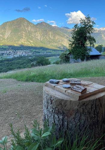 a tree stump sitting on top of a hill at Maiensäss, Berghütte Chlara - autark, voll ausgestattet, Ressourcen begrenzt in Untervaz