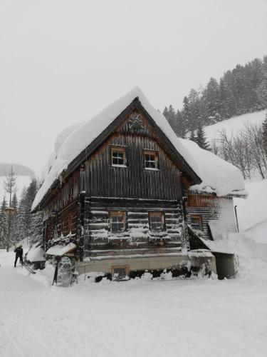 a wooden cabin with snow on the roof at Ferienwohnung " Esserhof " Nationalpark Gesäuse in Ardning