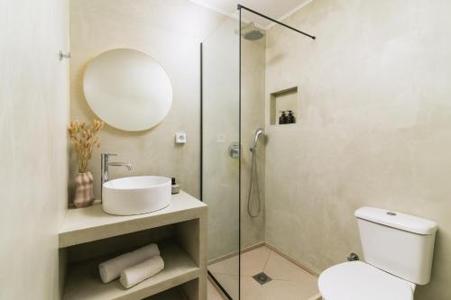 a bathroom with a shower and a toilet and a sink at Villa Repsimia with Private Jacuzzi in Kókkinos Pírgos
