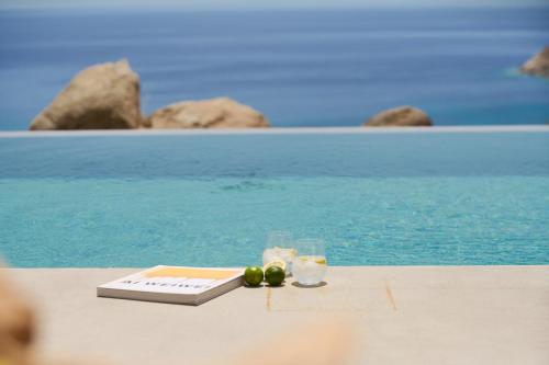 a table with a book and two glasses and some olives at Villa Aqua Marine in Kalafatis