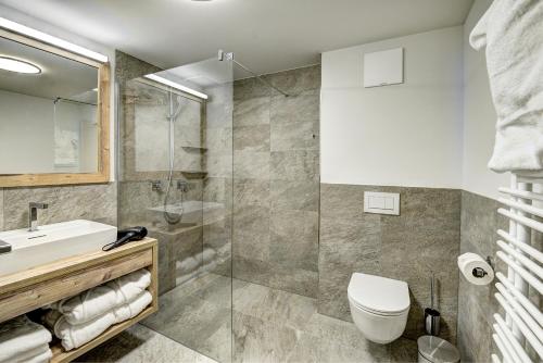 a bathroom with a toilet and a sink and a shower at Das Förstereck in Viehhofen