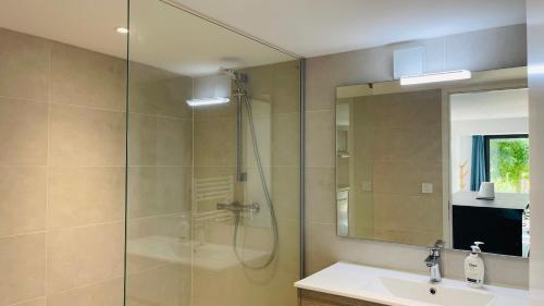 a bathroom with a shower and a sink and a mirror at 3 pièces avec piscine privative in Collioure