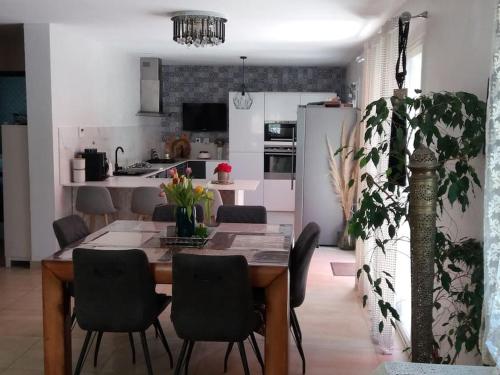 une salle à manger et une cuisine avec une table et des chaises dans l'établissement Jolie villa avec un bel extérieur exposition Sud, à Pézenas