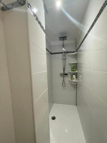 une salle de bain blanche avec douche et toilettes dans l'établissement Charming Triplex house heart of medieval town, à Moret-sur-Loing