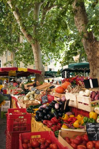 un marché agricole avec des fruits et légumes en caisse dans l'établissement Bergerie small loft prés d'Aix en Provence, à Jouques