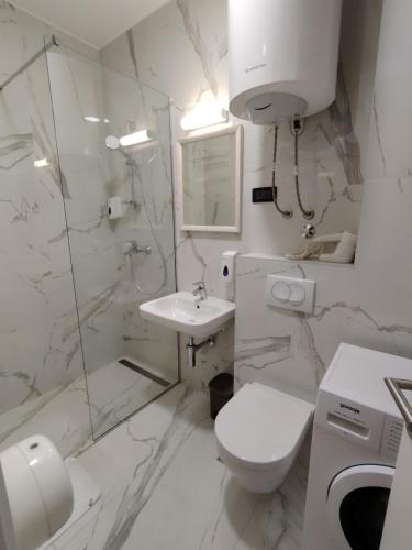 a white bathroom with a toilet and a sink at Dubrave apartmani in Budva