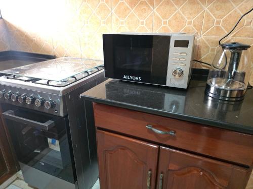 a microwave sitting on a counter next to a stove at Silent Inn Apartments in Arusha