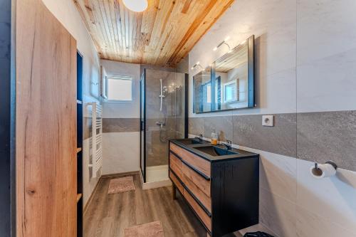 ミミザンにあるMaison Bord De L'Océan 3 étoilesの洗面台とシャワー付きのバスルーム