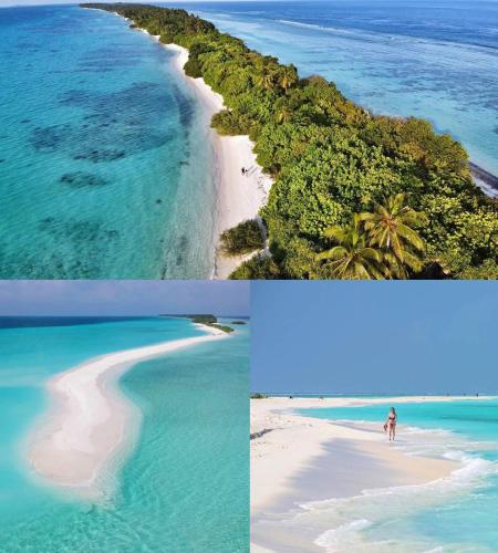 two pictures of a beach and the ocean at Nikabliss Dhigurah in Dhigurah