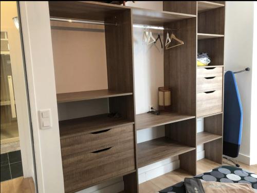 un placard avec des étagères et des tiroirs en bois dans l'établissement Somptueux appartement Beau-Rivage, à Annecy