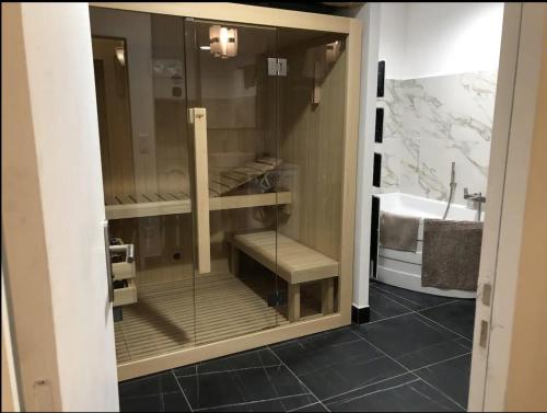 La salle de bains est pourvue d'un lavabo et d'une porte en verre. dans l'établissement Somptueux appartement Beau-Rivage, à Annecy