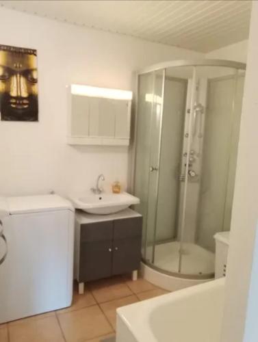 une salle de bain avec une douche, un lavabo et des toilettes dans l'établissement Appartement avec stationnement, à Champlitte-et-le-Prélot