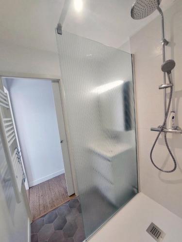 une douche avec une porte vitrée dans une salle de bain dans l'établissement Maison de vacances à l'Ile d'Yeu - Les Genêts, à L'Ile d'Yeu