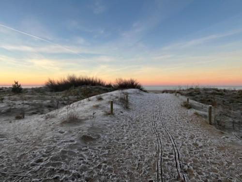 un chemin de terre menant à une plage au coucher du soleil dans l'établissement La plage - Les pins ! à 300 m de la plage, à Saint-Brévin-les-Pins