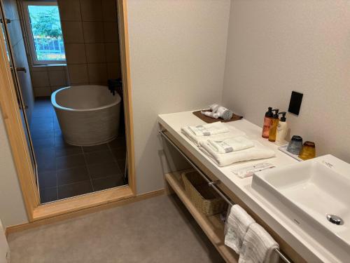 a bathroom with a sink and a bath tub at Kusatsu Onsen Kusatsu Hotel1913 in Kusatsu