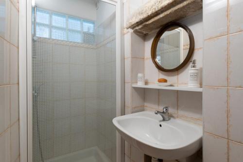 une salle de bain avec un lavabo et une douche avec un miroir dans l'établissement Gite aloe vera, à Saint-Romain-en-Viennois