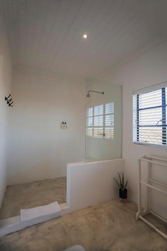 a white room with a shower and a sink at Traka Cottage in Klaarstroom