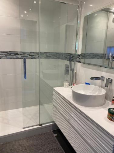une salle de bain avec un lavabo et une douche en verre dans l'établissement Très bel appartement bord de mer, à Marseille
