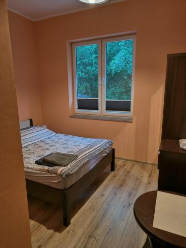 a bedroom with a bed and two windows at Sis Dziwnowek in Dziwnówek