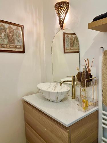 une salle de bain avec un lavabo et un miroir dans l'établissement Appt de charme - Paris 15 eme, à Paris