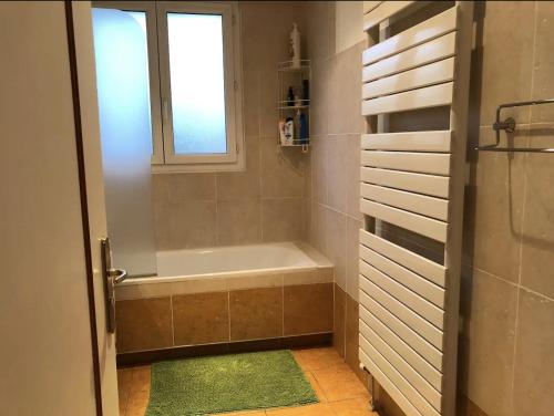 une salle de bain avec une baignoire et une fenêtre dans l'établissement Appartement avec vue sur le parc de la tête d'or, à Lyon