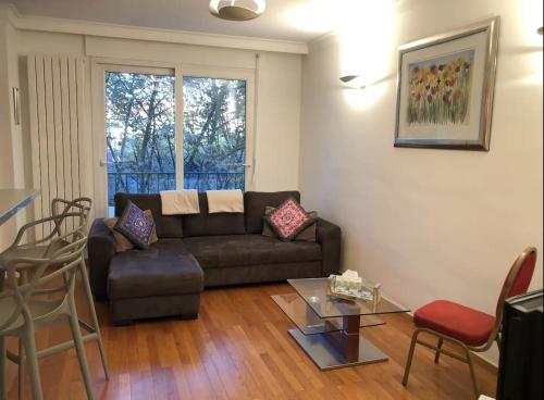 un salon avec un canapé et une table dans l'établissement Appartement avec vue sur le parc de la tête d'or, à Lyon