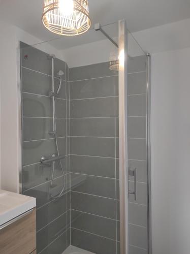 une salle de bain avec une douche avec une porte vitrée dans l'établissement Duplex T3 refait a neuf sur Cabourg 2h30 de paris, à Cabourg