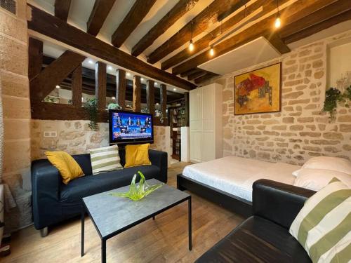 une chambre avec un lit, un canapé et une télévision dans l'établissement Charming Apt Rue st André des arts, à Paris