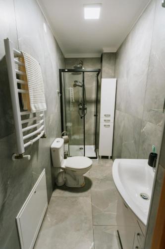 a bathroom with a shower and a toilet and a sink at Apartamenty Krzywa in Krosno
