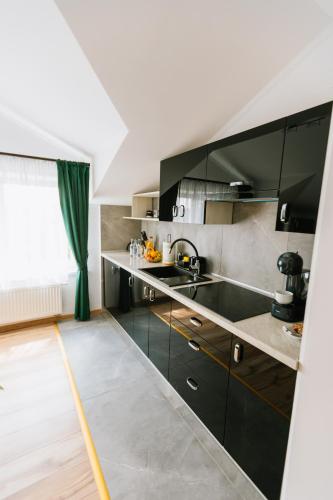 a kitchen with black cabinets and a green curtain at Apartamenty Krzywa in Krosno