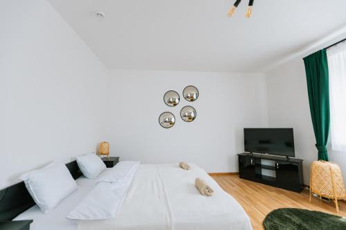 a white bedroom with a bed and a tv at Apartamenty Krzywa in Krosno