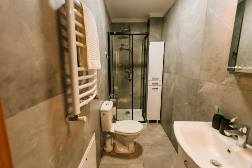 a bathroom with a toilet and a shower and a sink at Apartamenty Krzywa in Krosno