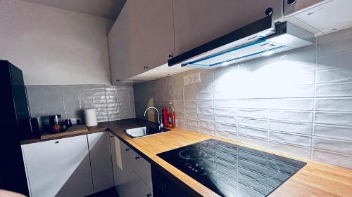 une petite cuisine avec un évier et une cuisinière dans l'établissement Grand Appartement neuf a côté de stade de Paris, à La Courneuve