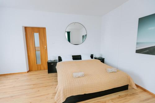 a bedroom with a bed and a mirror on the wall at Apartamenty Krzywa in Krosno