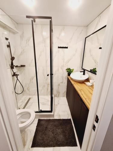 a bathroom with a shower and a toilet and a sink at Бухар Жирау 44 in Karagandy