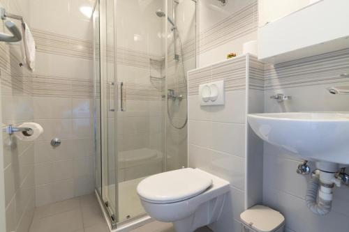 a bathroom with a toilet and a sink and a shower at Apartman Andro in Stomorska