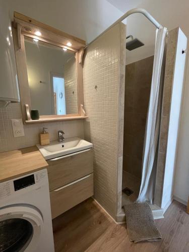 une salle de bain avec un lavabo et une machine à laver dans l'établissement Cosy studio - Place du Figuier, à Bormes-les-Mimosas