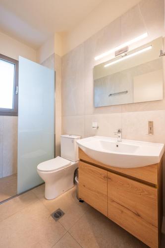 a bathroom with a white sink and a toilet at Arangia Garden Maisonette in Kaká Pinári