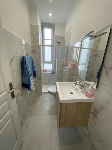 une salle de bain avec un lavabo, des toilettes et un miroir dans l'établissement Cosy flat 250m from beach, à Nice