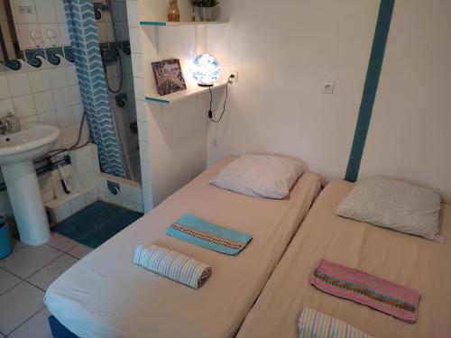- 2 lits dans une petite chambre avec lavabo dans l'établissement zenzela surf house, à Naujac-sur-Mer