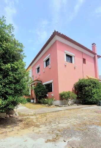a pink house with a tree in front of it at A Casa do Escritor in Vila do Conde